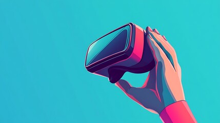 Modern 3D Cartoon Flat VR Headset Mockup with Hand Adjustment on Turquoise Background