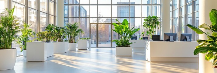 Natural light fills a modern office, highlighting large windows and lush plants in a bright, inviting workspace designed for productivity