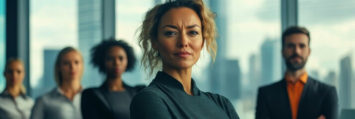 A diverse group of professionals stands confidently together in a sleek modern office, symbolizing teamwork and collaboration during a busy workday in a vibrant city
