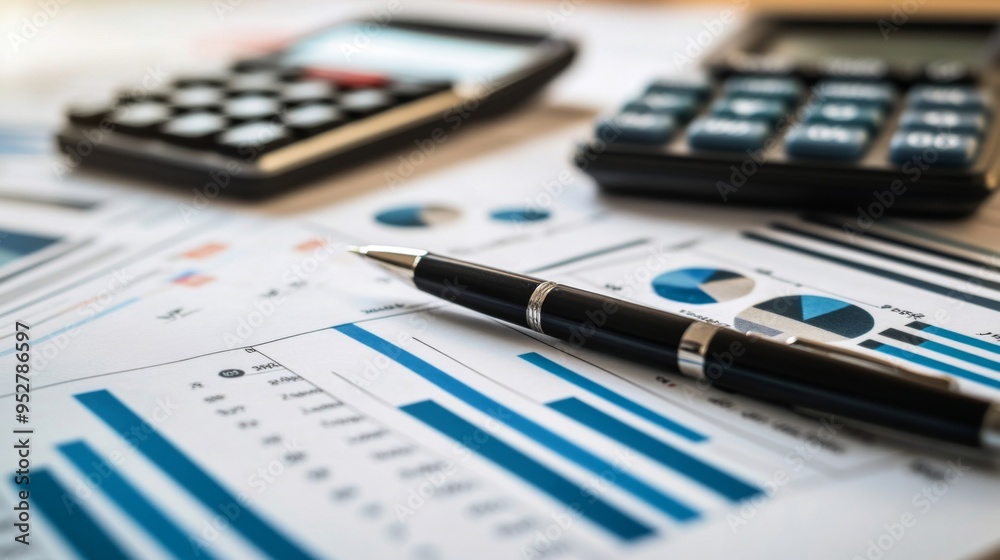 Aufkleber close-up of financial documents with charts, graphs, and financial statements on a desk, surrounded 
