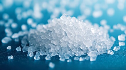 Close-up view of salt crystals on a blue surface against soft lighting