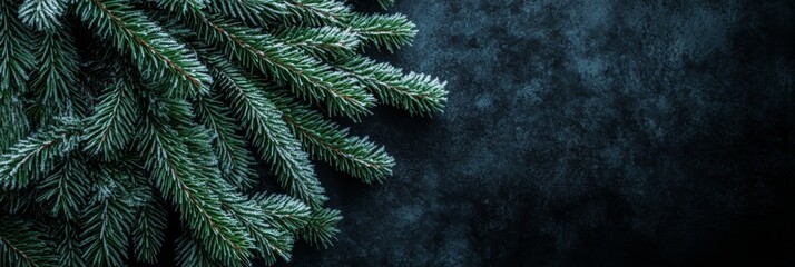 Lush fir tree branches with frosted tips fill the frame, showcasing their green hues against a dark backdrop, evoking a winter atmosphere