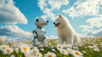 Autonomous AI robotic puppy dog among flower field with samoyed dog for pet companionship.