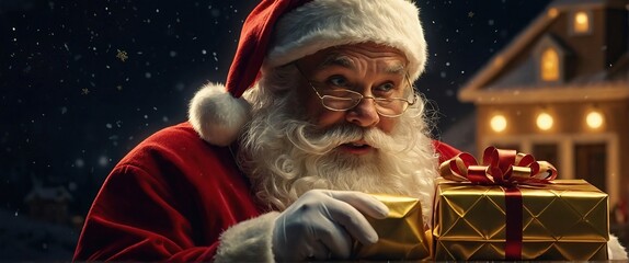 Obraz premium Santa Claus Opening Christmas Present With Golden Stars In Night