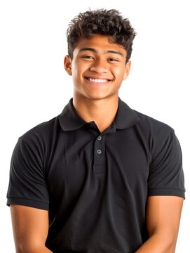 Cheerful 18-year-old Polynesian man wearing job uniform with black polo t-shirt