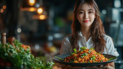Smiling young woman serving a delicious meal in a restaurant.