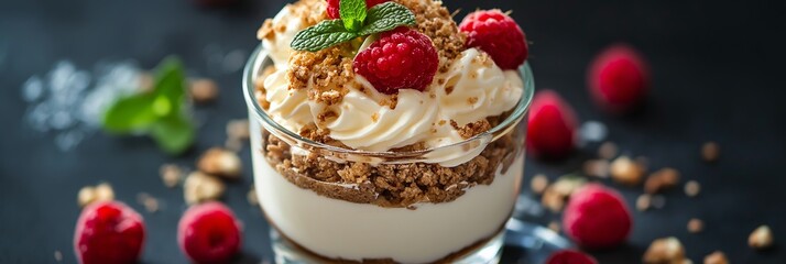 A delightful dessert glass filled with layered cream, crumbles, and fresh raspberries, topped with a mint leaf for garnish.