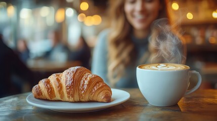 an image showcasing a woman on-the-go enjoying a quick breakfast with a croissant and coffee against a bustling backdrop