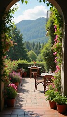 Obraz premium Sunny terrace surrounded by colorful flowers, invites relaxation, offering breathtaking view and cozy spot with table chairs. Terrace adorned with blooming flowers and scenic mountains. Generative AI.