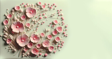 3D Sakura flowers on a light background. Copy space. Banner. Generated AI