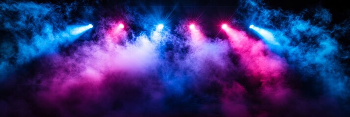 Colored spotlights shine through a haze created by smoke effects, enhancing the energetic ambiance of a concert on stage