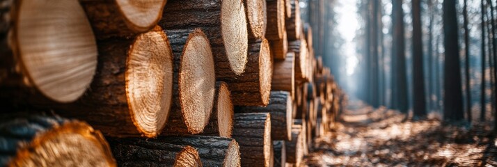Rows of neatly stacked cut tree trunks fill the frame, capturing the tranquility of a forest filled with soft light filtering through the trees