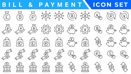 Payment line icons set. Cash money, coins in hand, credit card, wallet, bank check, cashless pay, receipt, contactless purchase vector illustration. Outline signs for finance app.