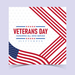 Happy Veterans Day Honoring All Who Served Banner Template. 11 November USA Veteran Day National Holiday Web Banner Background With American Flag For Brochure, Cover, Poster, Header, Greeting Card