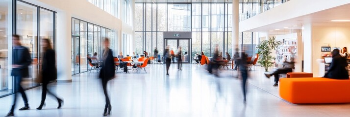 A vibrant office space features people moving swiftly through the bright interior, engaged in collaborative tasks and interactions throughout the workday