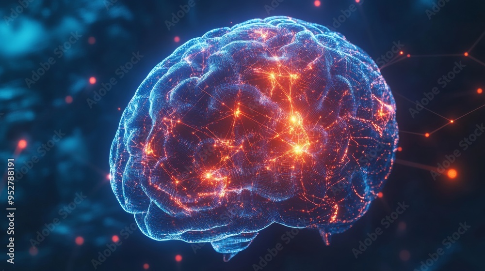 Poster Conceptual image of a brain with digital, glowing elements and interconnected lines, representing the generation and flow of new ideas.