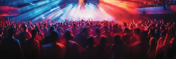 The crowd sways in unison, surrounded by colorful lights, fully immersed in the music during a...