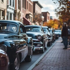 A row of classic cars parked on a city street, with people standing on the sidewalk, with autumn trees in the background.