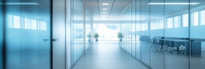 Naklejka premium A sleek office corridor showcases expansive glass walls, providing a soft-focus view into a neighboring workspace that features stylish furnishings and vibrant plants