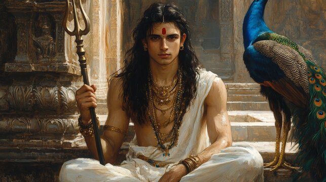 Divine Pose of Lord Muruga with Spear and Temple Backdrop