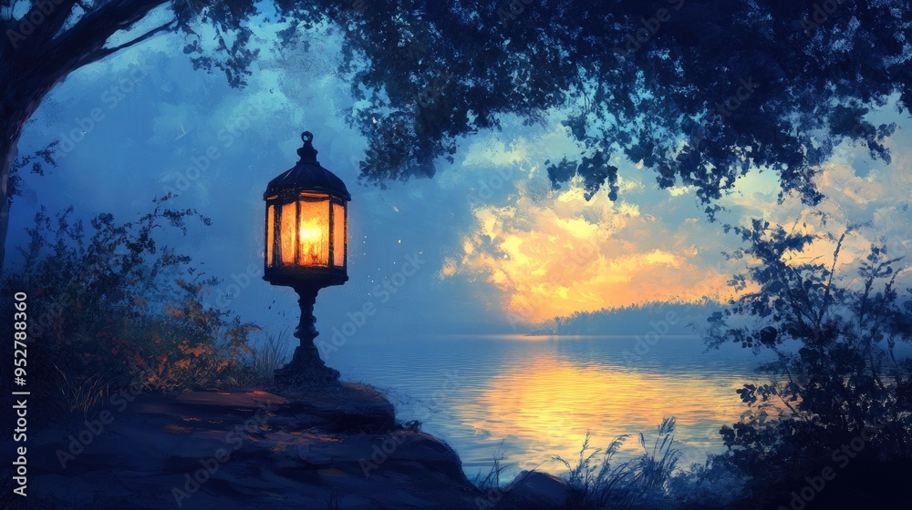 Wall mural lantern, gentle glow, serenity. generative ai