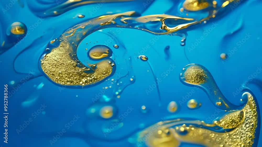 Poster dynamic drops of yellow glitter in blue oil or ink diffusing through water, creating an abstract aqu