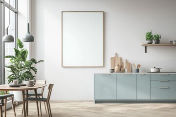 Poster Mockup in Kitchen Interior with White Wall created with Generative AI