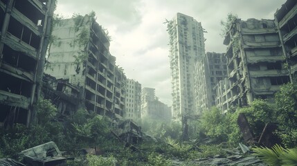 Obraz premium Overgrown post-apocalyptic cityscape with decaying buildings and lush vegetation Gritty worn muted desaturated colors heavy textures detailed 3D ruins
