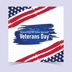 Happy Veterans Day Honoring All Who Served Banner Template. 11 November USA Veteran Day National Holiday Web Banner Background With American Flag For Brochure, Cover, Poster, Header, Greeting Card
