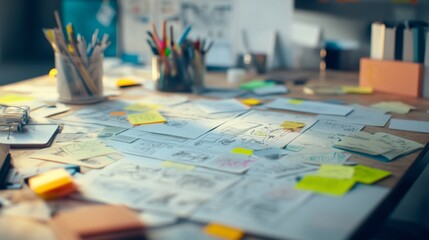 Creative workspace with sketches, post-it notes, and mind maps scattered across a desk, capturing the process of developing and refining ideas.
