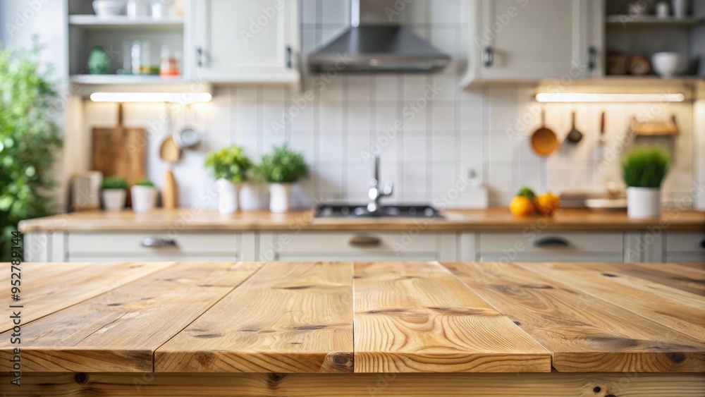 Poster empty wooden tabletop in a defocused kitchen background with space for text