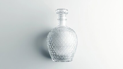 A clear glass decanter with a decorative design, used for serving beverages elegantly.