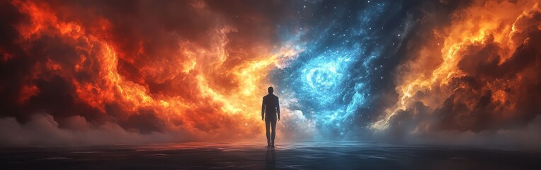 Fototapeta premium Man Standing Between Fiery Past and Serene Future