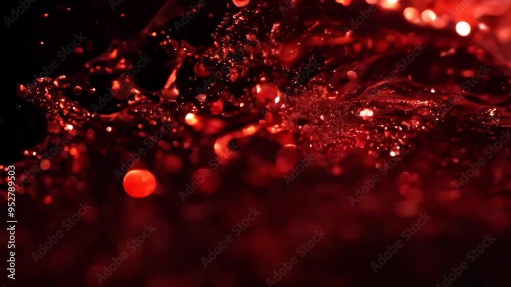 Poster Dynamic drops of red glitter in black oil or ink diffusing through liquid, creating an abstract aquatic swirls