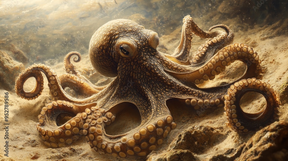 Poster Detailed image of a curious octopus exploring the ocean floor, with its intricate patterns and textures highlighted in a natural, sandy habitat.
