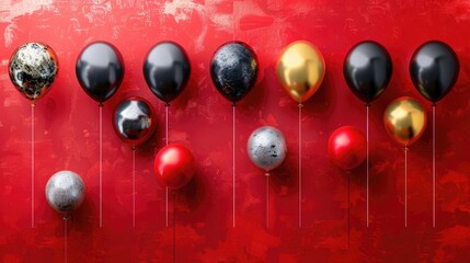 A red wall with colorful balloons including black, gold and silver with strings hanging down.