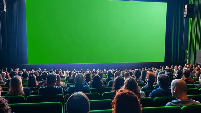 Public watching big screen in movie cinema or theater. Modern cinema space for watching movies with display or monitor at background. Humanity are watching a film or a new product show on TV air event