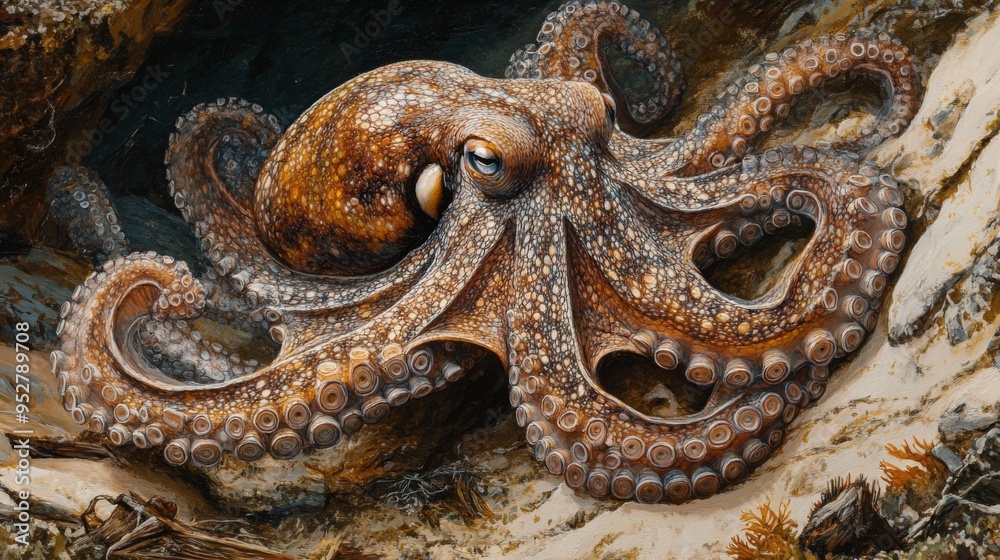 Poster Detailed image of a curious octopus exploring the ocean floor, with its intricate patterns and textures highlighted in a natural, sandy habitat.