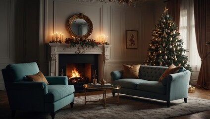 Lavish space with a magnificent Christmas tree, its glittering lights creating a cozy glow on the chic furniture. In the corner, a purely decorative fireplace sputters