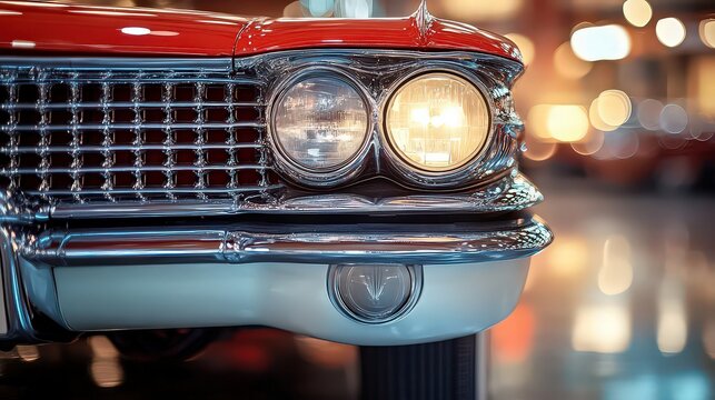 Fototapeta  Close-up of a vintage car's front, showcasing its classic headlights and chrome grille, reflecting the nostalgic charm of automotive design.