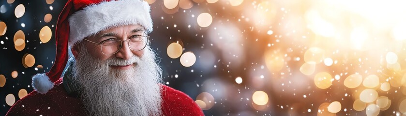 Obraz premium Joyful Santa Claus in festive attire with a sparkling background, capturing the magic and warmth of the holiday season.