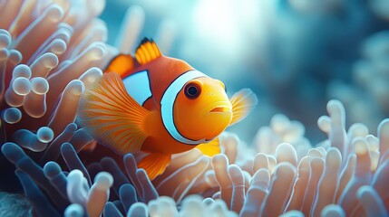  vibrant clownfish swims gracefully among the soft, flowing tentacles of a sea anemone, highlighting the beauty of underwater life in a coral reef.