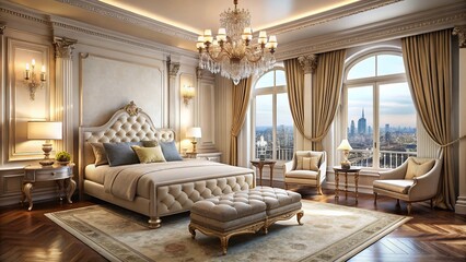 Luxurious cream-colored bedroom with velvet drapes, crystal chandelier, and ornate mirrored furniture, set within a grand opulent mansion with a stunning cityscape view outside.