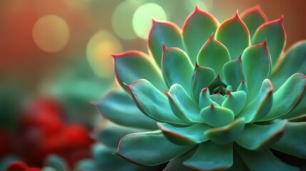 Fototapeta premium close-up of a vibrant green succulent with red-tipped leaves, beautifully illuminated, showcasing the plant's texture and symmetry against a softly blurred background.