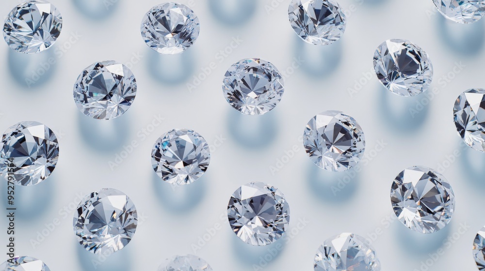 Poster Diamonds arranged in a geometric pattern on a white background, showcasing their precision cut and sparkling reflections in an elegant design