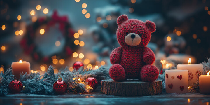 Christmastime concept. Red knitted bear toy, candles and ornaments on Christmas background with space for text. 