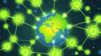 Obraz premium A vivid digital depiction of Earth surrounded by bright green nodes. This illustration signifies interconnectedness and the importance of sustainability in a modern, global context
