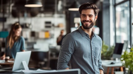 Fototapeta premium Smiling man at modern office desk during work hours in a creative space