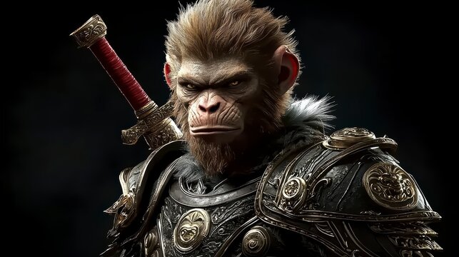 Anthropomorphic monkey king in armor with weapons on a black background
