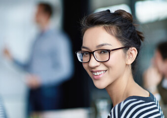 Smile, portrait and businesswoman in office for training at hr seminar for company policy review....